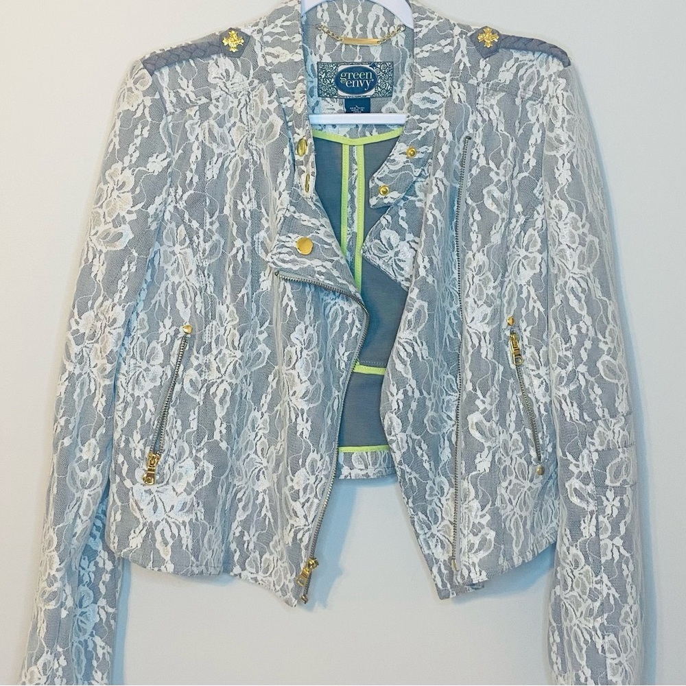 GREEN WITH ENVY Chic Gray Lace Blazer with Englishman Gold Details